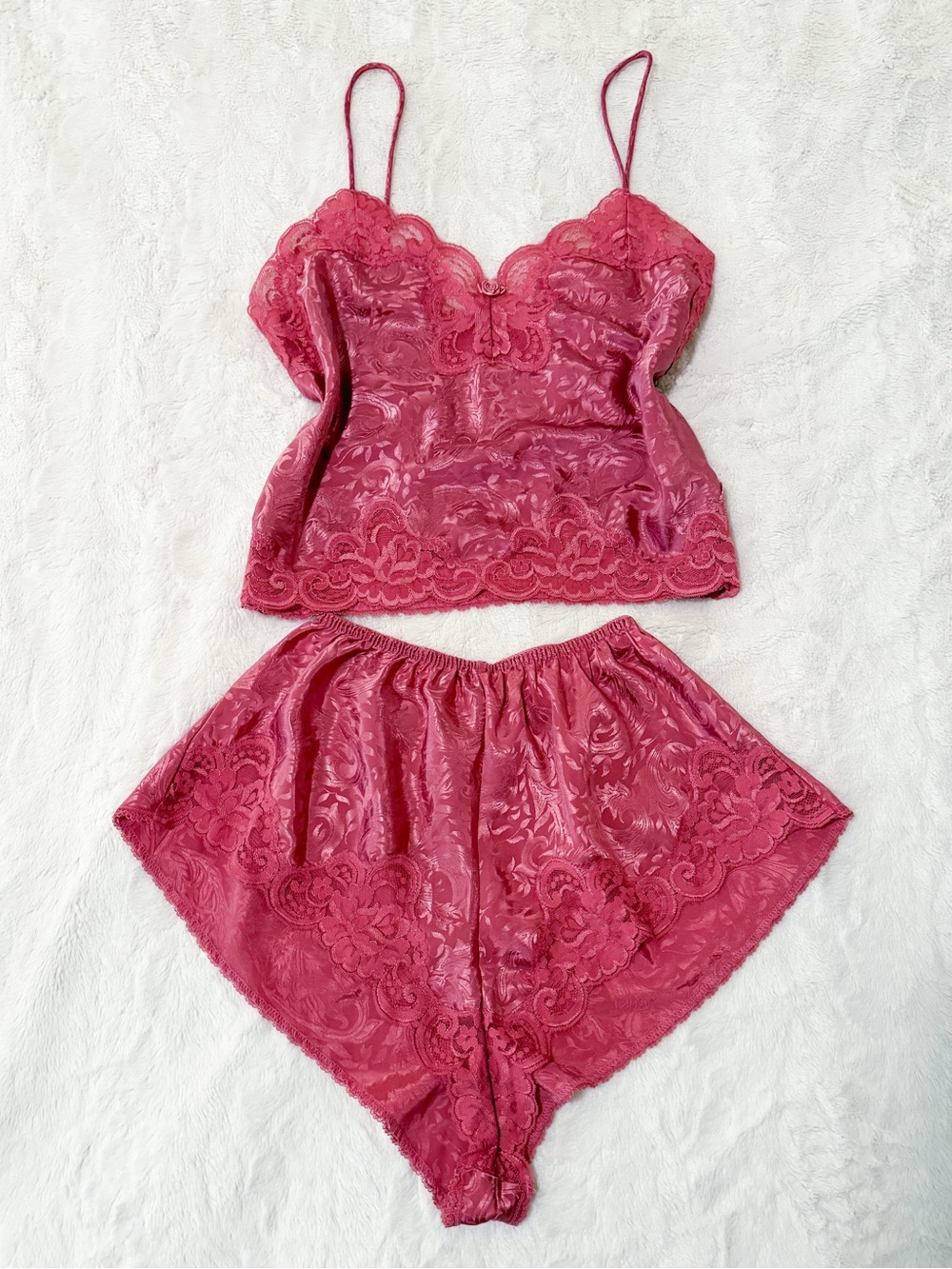 1980s pink satin and lace cami and shorts set